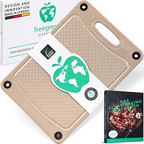 freegreen® Premium Schneidebrett aus Reishülsen I 100% biologisch abbaubar und kompostierbar I Inklusive Kochbuch 'Das Clean Eating Kochbuch' I Nachhaltige Produkte I Zero Waste [37x27]