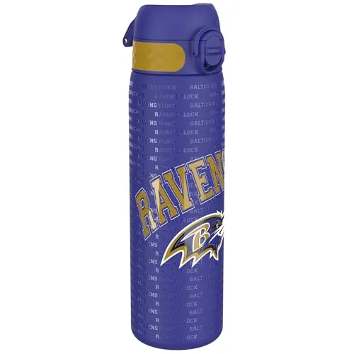 ion8 NFL Baltimore Ravens Edelstahl Trinkflasche 600 ml – Auslaufsicher und leicht zu öffnen - Die robuste Edelstahl-Trinkflasche ist ideal für Schule und Reisen. Mit einem praktischen Klappdeckel für einfaches Nachfüllen und einem kompakten Design passt sie in jeden Getränkehalter. Spülmaschinenfest und wiederverwendbar – die nachhaltige Wahl!