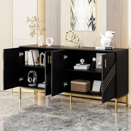 okwish Sideboard große Kapazität,Aufbewahrungsschrank mit Metallbeinen und höhenverstellbare Regale,Beistellschrank für Wohnzimmer,Esszimmer und Flur,Schwarz&Gold