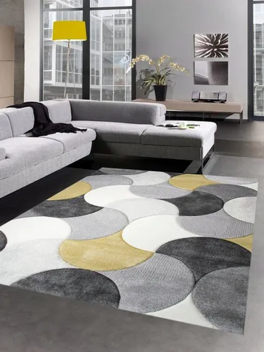 Carpetia Teppich Designer Teppich Wohnzimmerteppich Kurzflor Tropfen gelb grau creme, rechteckig, Höhe: 13 mm