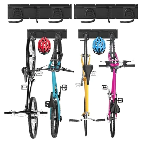 Sinoer Fahrradwandträger,Wandhalterung für 4 Fahrräder + 2 Helme, Robust Fahrradaufhängung Wand, Massiver Stahl Fahrradhaken Fahrradständer Wandmontage für Garage - 2 Schienen