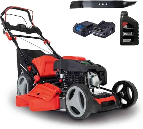 Scheppach Benzin Rasenmäher MS225-53E mit E-Start | Radantrieb | 6PS | 53 cm Schnittbreite | 7-fache Höhenverstellung | 65 Liter Fangkorb | Mulchfunktion | Reinigungsfunktion | inkl. Öl & Ersatzmesser