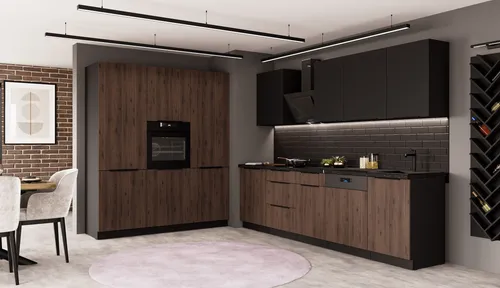 Küche MONZA SIENA 280 + 180 Küchenzeile - Küchenzeile im modernen Mix aus Okapi Nussbaum und schwarz matt, bietet viel Stauraum und ein trendiges Design für Ihre Traumküche.