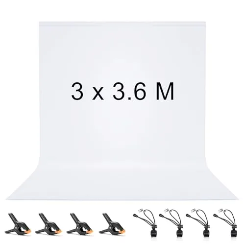 Vevelux Fotografie-Hintergrund 3 x 3,6 M, Foto Hintergrund aus 100% Polyester mit 4 große Studio Klemmen & 4 Tarp Clip, Weiß Screen für Fotostudio, Video und Fernsehen