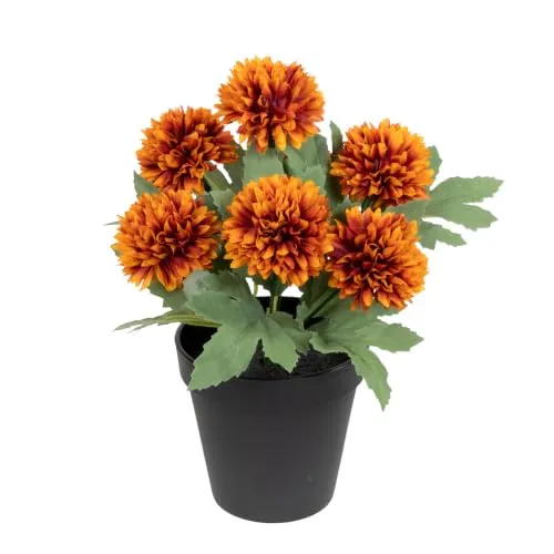 Künstliche Chrysantheme 24x22cm orange im Topf DP – mit 7 Textilblüten | Kompakter Chrysanthemenbusch mit 7 kugeligen Textilblüten & 12 Blättern im Kunststofftopf. Ideal für Tische & Regale