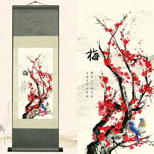 Produktbild Newscz Asiatische Wandkunst für Wohnzimmer, Chinoiserie-Dekor, vertikale Wandrolle, Seidenrolle, Malerei, Kunstposter, vier Gentlemen des Gartens – Pflaumenkunst, orientalisches Dekor, fertig zum