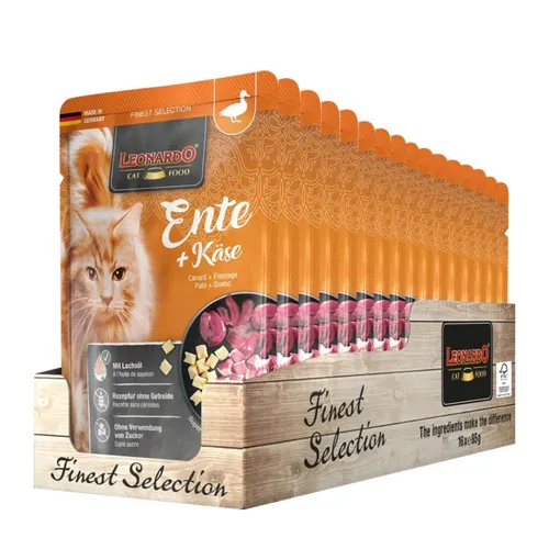 g Leonardo Finest Selection Ente & Käse Poucher Katzenfutter 16 x 85g - Hochwertiges Nassfutter für Katzen, getreidefrei und glutenfrei. Ideal für anspruchsvolle Feinschmecker. Mit zarter Ente und cremigem Käse für ein besonderes Geschmackserlebnis.