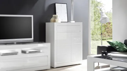 Kommode Carat Highboard in Weiß Hochglanz und Beton Grau - Anrichten & Buffets – Modernes Design mit Schubfächern und Türen, ideal für Esszimmer und Wohnzimmer, bietet praktischen Stauraum und Stil.