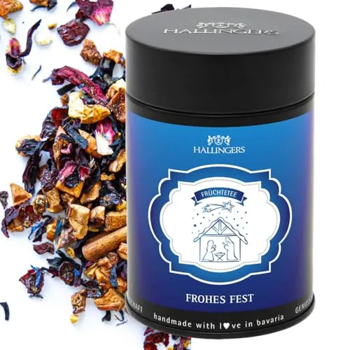 Hallingers Genuss Manufaktur Tee Geschenk Weihnachten - Weihnachtlicher loser Früchte-Tee mit Mandel, Hagebutte & Orange Geschenk zu Advent & Weihnachten, edle Geschenkdose 
