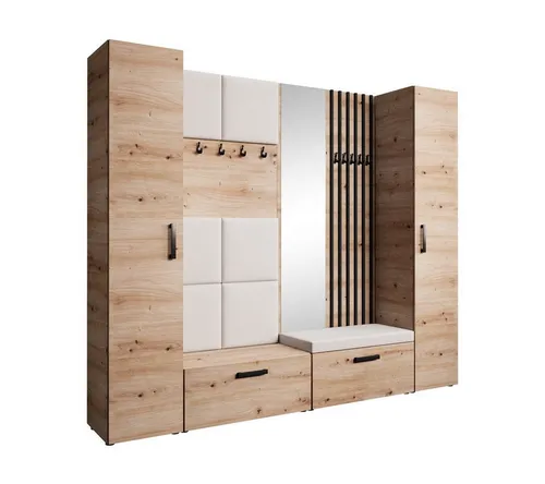 Beautysofa Garderobenschrank mit gepolsterten Paneelen und Spiegel MARGARET XL (zwei praktische Schuhschränke und zwei komfortable Kleiderschränke mit Kleiderstangen) mit dekorative Lamellen und praktischen Kleiderhaken