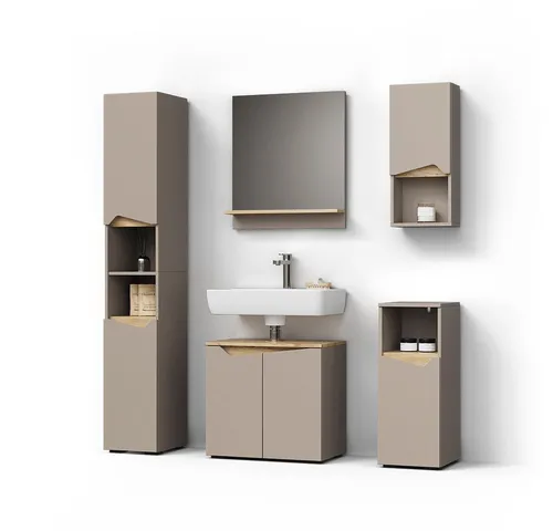 Livinity® Badmöbel-Set Timavo in Greige und Artisan-Eiche, 5-teilig - Elegantes Badezimmermöbel-Set mit Spiegel und praktischen Schränken. Ideal für stilvolle und funktionale Badgestaltung. Inklusive Montageanleitung und -material.