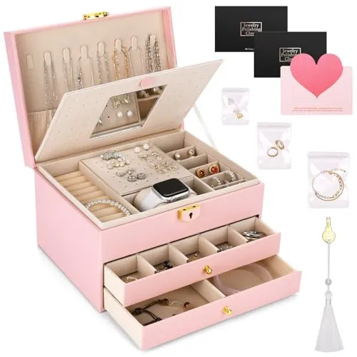 BBWELL Schmuckkästchen mit 2 Schubladen,3 Ebenen,Schmuckkasten,Schmuckbox,Schmuckschatulle für Halsketten,Ohrringe,Armbänder und Ringe mit Schlüsseln und Schlössern.schmuckkiste für Mädchen und Frauen