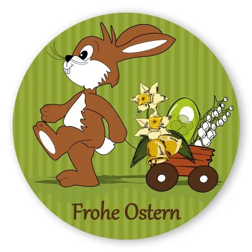 Oster-Aufkleber Ostern-Sticker rund Ø 30mm selbstklebende PE-Folie, 100 Stück auf Rolle Frohe Ostern mit Osterhase und Wagen