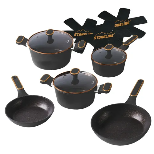 STONELINE Kochgeschirr Set 11-teilig - Antihaftbeschichtung mit echten Steinpartikeln - Topf- & Pfannensets mit elegantem Design in Mattschwarz/Roségold. Ideal für fettfreies Kochen, spülmaschinengeeignet und für alle Herdarten geeignet.