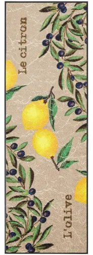 wash+dry Küchenläufer Le Citron - Fußmatte mit rutschhemmender und waschbarer Oberfläche, ideal für die Küche; strapazierfähig und schmutzabweisend in beige/gelb mit floralem Oliven- und Zitronenmuster, Maße: 75 cm x 120 cm.