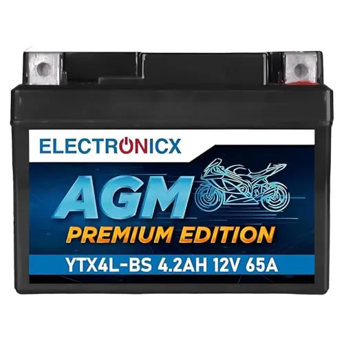 Electronicx AGM Premium Edition YTX4L-BS 12V 4,2Ah 50A Motorradbatterie - wartungsfreie, versiegelte, kompakte, vibrationsfeste Starterbatterie - Ideal für Roller, Quad, Mofa, Motorrad und ATV