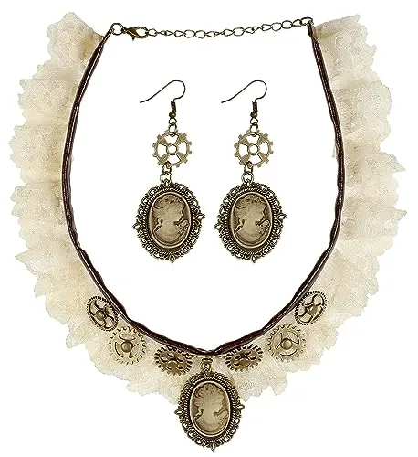 W WIDMANN MILANO Party Fashion 09774 - Schmuckset, Halsband aus Spitze und Cameo Relief Ohrringe, Schmuck, Halskette, Steampunk, Karneval, Mottoparty