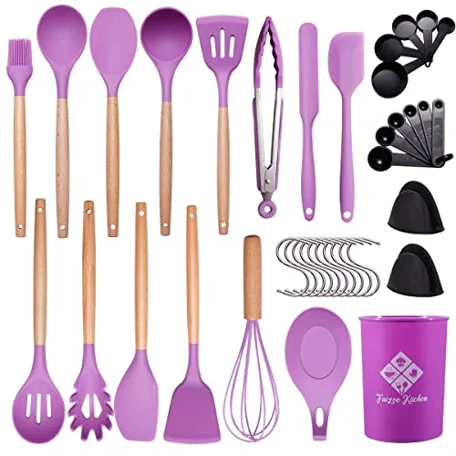 Faizee Möbel | 38-teiliges Küchenhelfer-Set aus Silikon mit Holzgriff | Lila Kochbesteck & Küchenutensilien | Hitzebeständiges & BPA-freies Küchenzubehör | Spülmaschinenfest