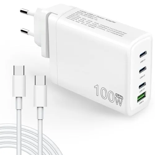100W USB C Ladegerät mit 3 Ports – Schnellladegerät für MacBook, iPhone & mehr - Netzteile mit 100W Leistung, unterstützt Schnelllade-Protokolle und ermöglicht das gleichzeitige Laden von 4 Geräten. Ideal für unterwegs und sicheres Laden dank GaN-Technologie.