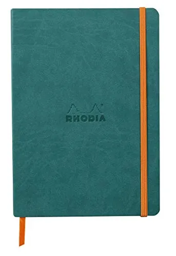 Rhodia 117376C - Notizheft Softcover Rhodiarama DIN A5 (14,8x21 cm), 80 Blatt, liniert Clairefontaine Papier Elfenbein 90g Lesezeichen, Gummizugverschluss, Cover aus Kunstleder Pfaugrün, 1 Stück