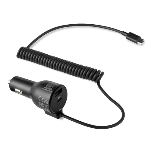 Amazon Basics Schnelllade-Autoladegerät mit USB-C- und USB-A-Anschlüssen, 60W mit 152,4cm integriertem Spiralkabel, für Zigarettenanzünder, Schwarz