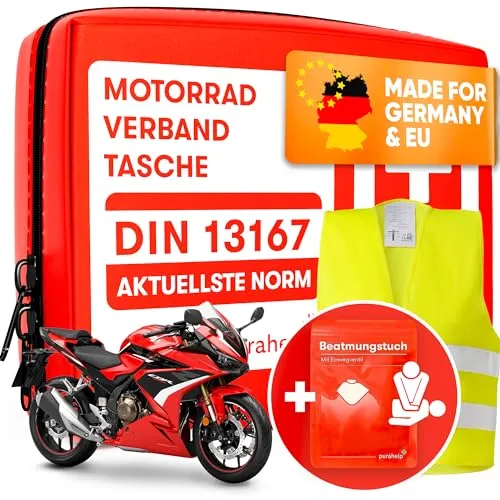 PURAHELP Motorrad Verbandskasten Mini 2025 - StVO konform mit Warnweste & Beatmungstuch - Verbandskasten für Motorräder, entspricht DIN 13167, inkl. Warnweste und Beatmungstuch für optimale Sicherheit unterwegs.