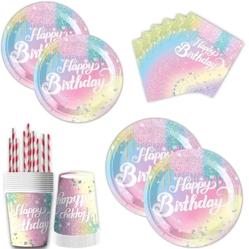 Regenbogen deko partygeschirr set,50pcs geburtstagsdeko mädchen einweggeschirr set,Inklusive pappteller bunt, servietten geburtstag,Becher und strohhalme papier,für geburtstag party
