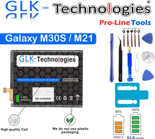 GLK Akku für Samsung Galaxy M12 M127F, M21, M30s, M307F, M31 - TOP Qualität - Hochleistungsakku mit 6200 mAh für längere Nutzung, kompatibel mit mehreren Samsung-Modellen und 2 Jahre Herstellergarantie.