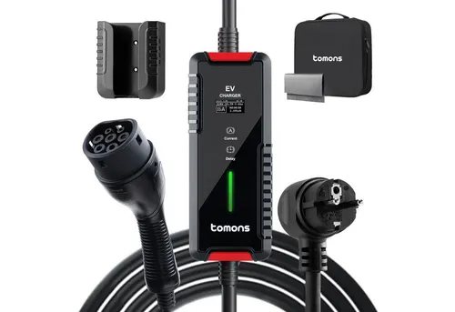 Tomons Typ 2 Ladekabel Schuko 3,68 kW - Schnellladung für Elektroautos - KFZ-Ladekabel mit einstellbarem Strom von 6-16A für schnelles Laden, LED-Display zur Überwachung und IP65 Schutz für extreme Wetterbedingungen.