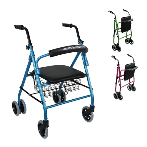 Mobiclinic®, Rollator, Prado, Europäische marke, Faltbar und leicht, Druckbremsen, Gehhilfe, Aus aluminium, Mit gepolsterter sitzfläche rückenlehne, Korb, 4 räder, Blau