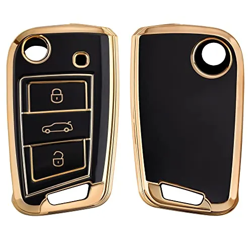 kwmobile Autoschlüssel Hülle kompatibel mit VW Golf 7 MK7 3-Tasten Autoschlüssel - Schlüsselhülle Silikon Cover - Schwarz Gold