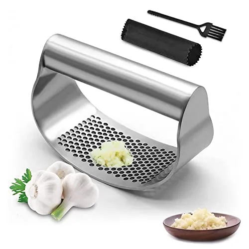 Produktbild Knoblauchpresse Wippe Edelstahl Knoblauchwippe 3er Set Stainless Steel Garlic Press Rocker Mincer Crusher Kochgerät Knoblauchmühle Küchenhilfe mit Silikon Schäler einfache Handhabung und Reinigung