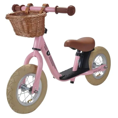 Bandits & Angels Laufrad aus Metall mit Weidenkorb Retro Rosa mit Trittbrett ab 2 Jahren – Rosa Lauflernrad – Verstellbarer Sattel 29 bis 39 cm – Für Jungen und Mädchen – Niedriger Einstieg