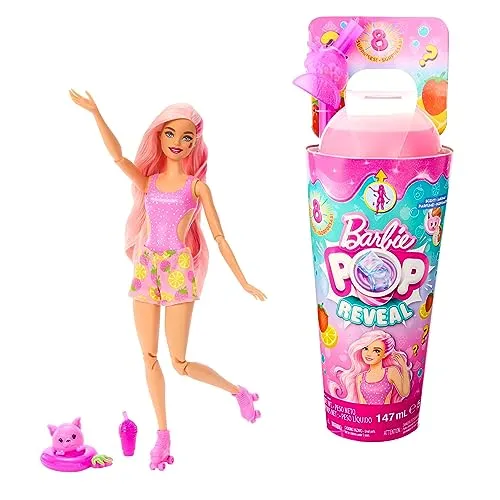 Barbie Pop Reveal Fruit - Überraschungspuppe mit Erdbeerlimonadenduft, 8 fruchtige Überraschungen und sensorischer Spielspaß für Kinder ab 3 Jahren
