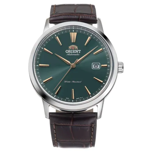 Orient RA-AC0F13E30B Automatische Herren Uhr - Elegante Armbanduhr mit grünem Zifferblatt und braunem Lederarmband. Robustes Edelstahlgehäuse, wasserdicht bis 30 m, ideal für jeden Anlass.