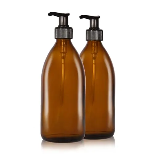 Oputec 2 x 500ml Seifenspender aus Glas: Shampoo Flaschen zum Befüllen als Duschgel Spender, Pumpspender - Pumpflasche aus Braunglas - Behälter zum Befüllen für Küche Badezimmer