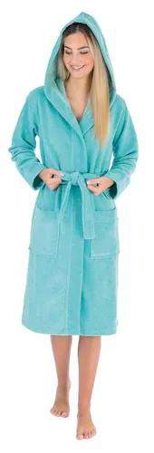Wewo fashion Damenbademantel 4110 - Bademantel in Midilänge aus einem hochwertigen Baumwoll-Mix, mit Kapuze und Gürtel für ultimativen Komfort. Kuscheliges Design in blau – ideal für entspannte Stunden zu Hause.
