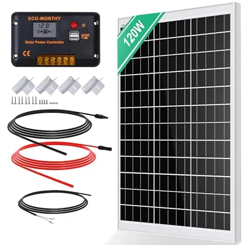 ECO-WORTHY 120W Solarpanel Kit: 120W12V Monokristallinem Solarmodul + 30 A Solarladeregler + 5m Solarkabel + Z-Befestigungsklammern für Wohnmobil,Wohnwagen,Haushalt und Off-Grid-System