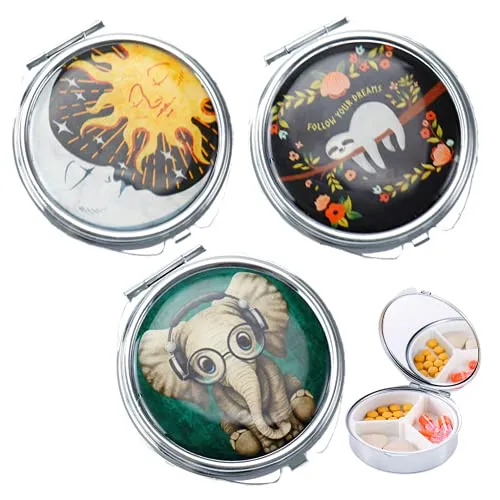 Ohaoduo 3 Stück Pillendose aus Metall, Runde Medikamentendose, Mini Pillenetui Reise-kleine Pillenspender für Geldbörse 3 Fächer Pillendose mit Spiege Kleine Tablettendose für Unterwegs