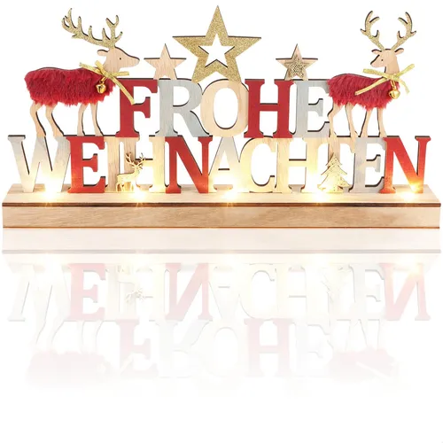 com-four® LED Deko Aufsteller aus Holz - beleuchteter Schriftzug auf Holzsockel - Deko-Schriftzug zum Hinstellen für Weihnachten - Stimmungslicht mit Timer