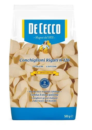 De Cecco Conchiglioni Rigati N°126 - 500g - Italienische Pasta in der beliebten Conchiglioni Rigati Form, perfekt für kreative Gerichte und Pasta-Liebhaber. Ideal für Aufläufe und Füllungen!