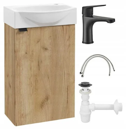 Badezimmerschrank mit Waschbecken 60x40 cm hängend aus Eichenholz mit schwarzem Wasserhahn Parma