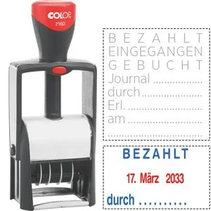 Colop 2160/RL Datumstempel mit 3 Lagertexten - Sonstige Büroutensilien, vielseitiger Datumstempel mit 3 Texten: Bezahlt, Eingegangen, Gebucht – ideal für effiziente Büroorganisation.