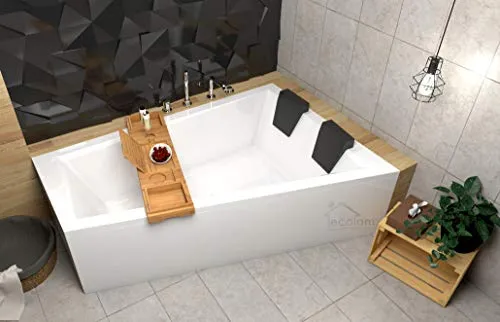 ECOLAM® Badewanne Intima Duo Eckwanne für Zwei - Große Eckbadewanne 180x125 cm aus hochwertigem Acryl, ideal für zwei Personen. Inklusive eleganter Bambusablage und bequemen Kopfstützen für entspanntes Baden.