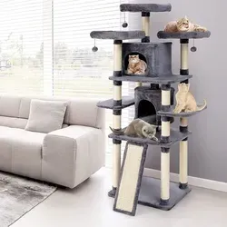 GOPLUS 170 cm Kratzbaum mit 3 Liegeflächen und 2 Katzenlöchern - Kratzbäume für Katzen mit 3 bequemen Liegeflächen und 2 Katzenlöchern. Ideal zum Spielen und Entspannen, ausgestattet mit strapazierfähigem Sisal für Krallenpflege.