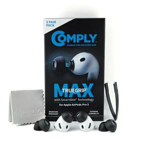 Comply TrueGrip MAX | Premium Memory Schaumstoff Ohrstöpsel für Apple AirPods Pro 3 | SmartSkin™-Technologie | Geräuschisolierung | Schwarz, Größe L, 3 Paar - Optimieren Sie Ihr Hörerlebnis mit den TrueGrip MAX Ohrstöpseln, die speziell für AirPods Pro 3 entwickelt wurden. Genießen Sie langanhaltenden Tragekomfort und hervorragende Geräuschisolierung für ein intensives Klangerlebnis.