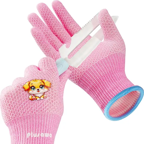 Plusawa 2 Paar Kinder Gartenhandschuhe für 3-12 Jahre, Eco-Latex-beschichtete Gartenhandschuhe, Atmungsaktive rutschfeste Kinder-Schnittschutzhandschuhe für Mädchen und Jungen - L