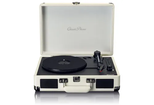 Lenco TT-115CR Plattenspieler Weiß - Retro Bluetooth® Plattenspieler mit eingebauten Lautsprechern, ideal zum Streamen und USB-Aufnehmen von Musik. Genießen Sie exzellente Klangqualität in einem praktischen Koffer-Design.