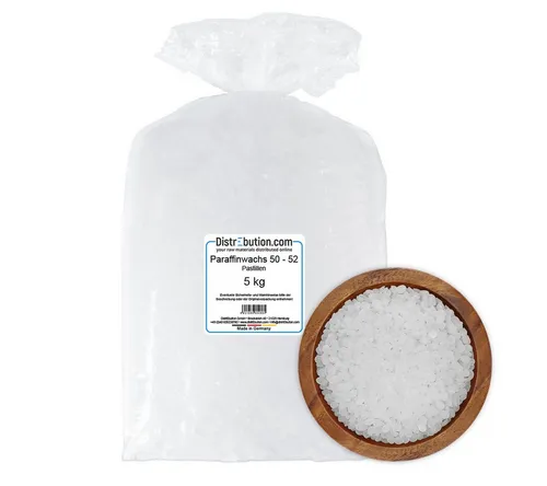 DistrEbution Paraffinwachs Pastillen 50–52 °C für Kerzenherstellung - Hochwertige Paraffinwachs Pastillen mit einem Erstarrungspunkt von 50–52 °C, ideal für Containerkerzen. Leicht zu verarbeiten und rußarm, perfekt für kreative Kerzenprojekte.
