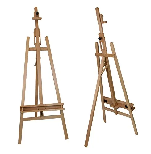 Paintersisters Akademie Staffelei Elba, 66x230 cm klappbare Sitz- und Standstaffelei für Keilrahmen bis 120cm, große Studiostaffelei, Dreibeinstaffelei mit breiter Ablage, lasiertes Buchen Holz natur